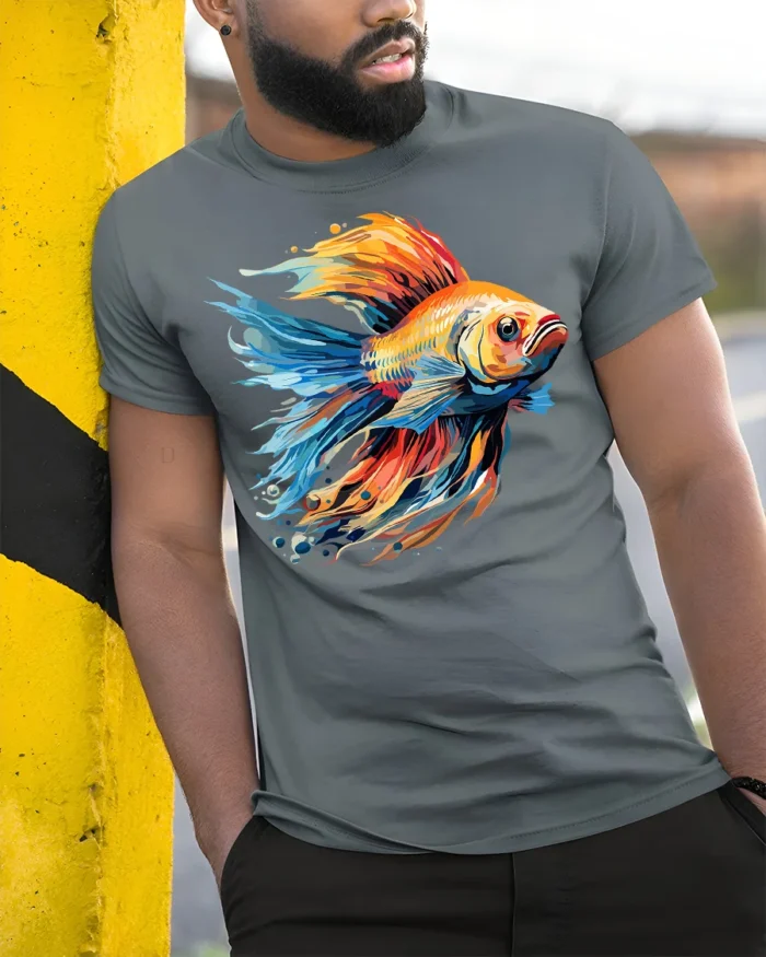 Colorful Betta Fish Art Graphic T-Shirt - model in grey shirt leaning against column