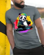 DJ Panda Party Mix Graphic T-Shirt for Fun - model in grey shirt leaning against column