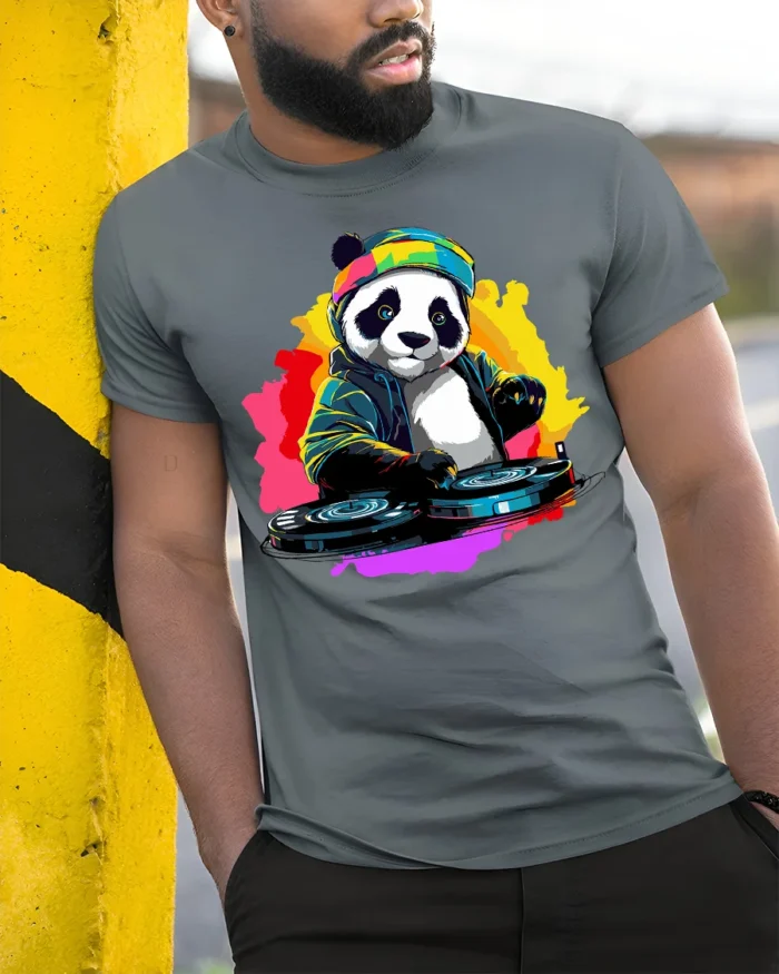 DJ Panda Party Mix Graphic T-Shirt for Fun - model in grey shirt leaning against column