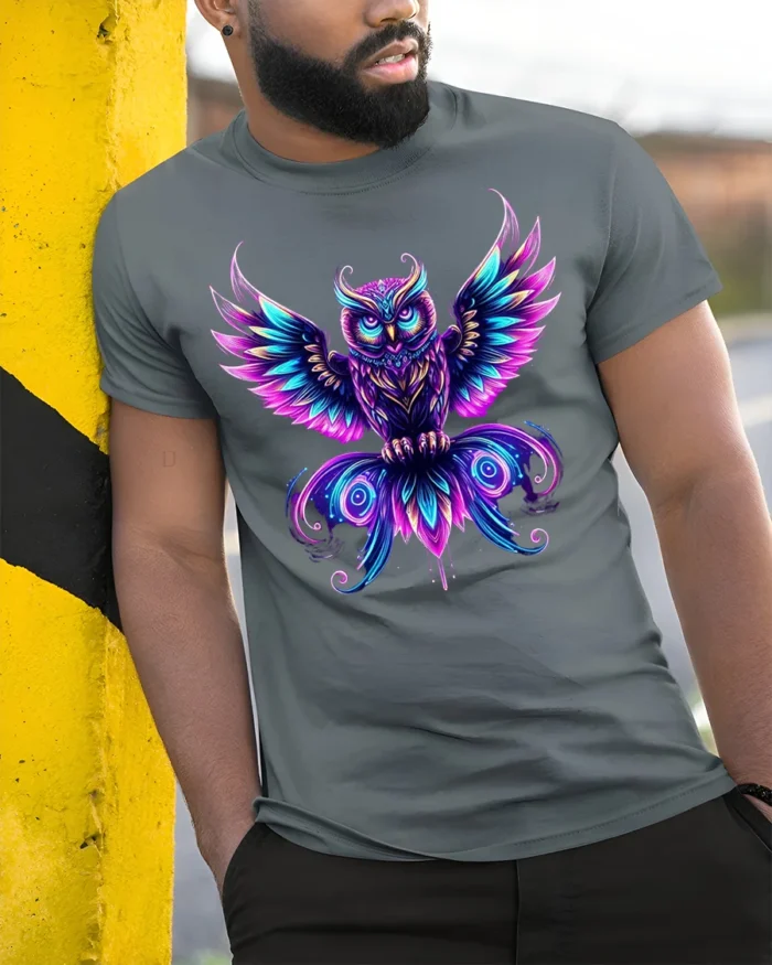 Mystic Neon Owl Art Graphic T-Shirt - model in grey shirt leaning against column