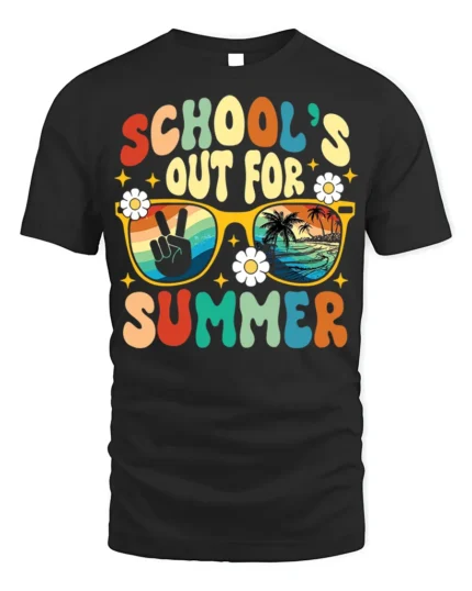 Retro School’s Out for Summer Vibes T-shirt - black t-shirt on white background