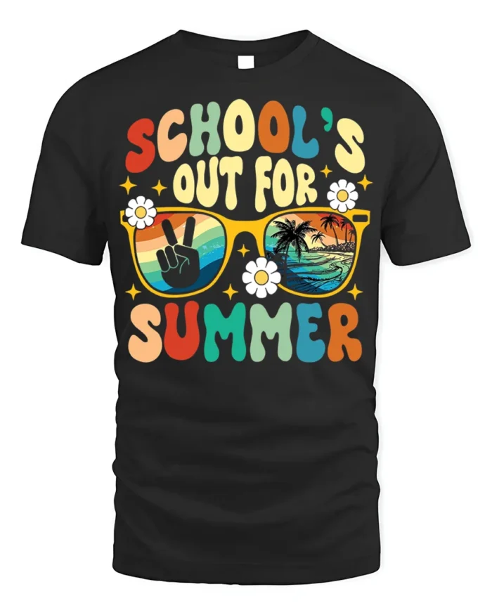 Retro School’s Out for Summer Vibes T-shirt - black t-shirt on white background