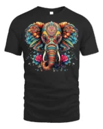 Colorful Elephant Floral Art T-Shirt - black t-shirt on white background