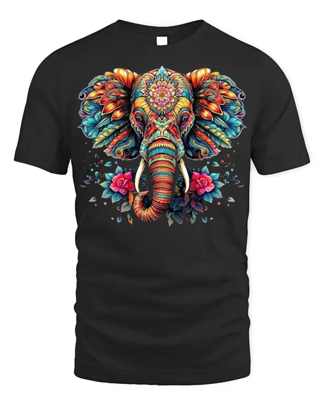 Colorful Elephant Floral Art T-Shirt - black t-shirt on white background