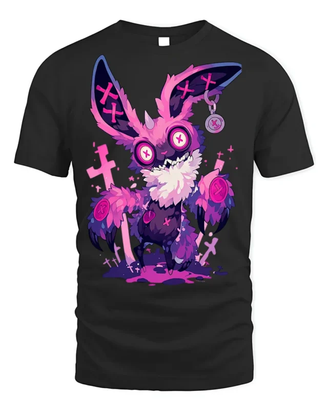 Psychedelic Bunny Horror Vibes T-Shirt - black t-shirt on white background