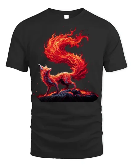 Blazing Fire Fox Spirit Graphic T-Shirt - black t-shirt on white background