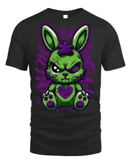 Angry Punk Bunny Heart Patch T-Shirt - black t-shirt on white background