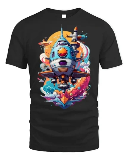 Retro Sci-Fi Spaceship Launch T-Shirt - black t-shirt on white background