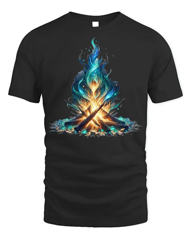 Mystic Blue Flame Campfire Art T-Shirt - black t-shirt on white background