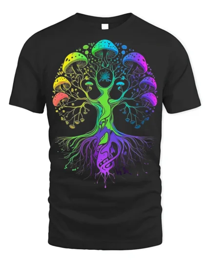 Psychedelic Mushroom Tree of Life T-Shirt - black t-shirt on white background
