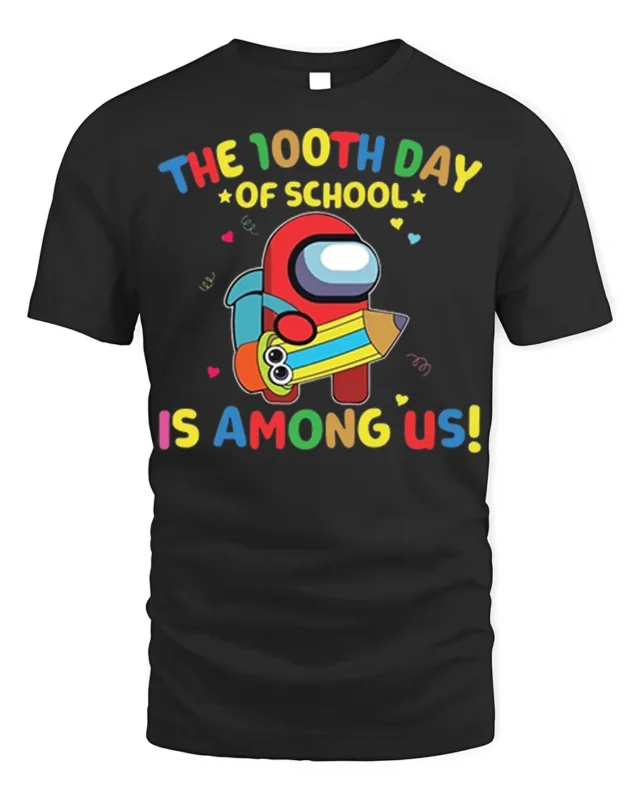 100th Day of School Among Us Style T-shirt - black t-shirt on white background
