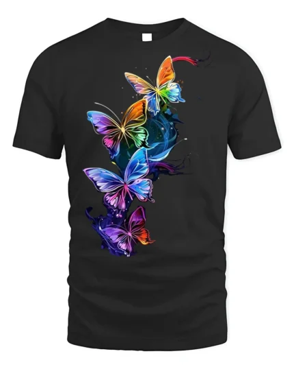 Colorful Neon Butterfly Splash Art T-shirt - black t-shirt on white background