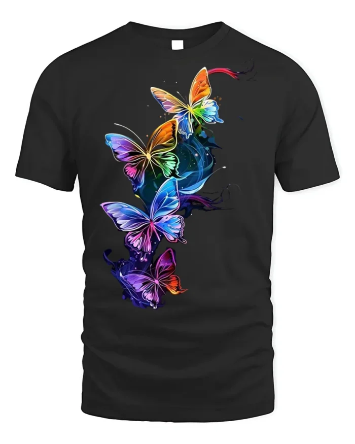 Colorful Neon Butterfly Splash Art T-shirt - black t-shirt on white background