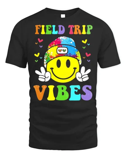 Field Trip Vibes Smiley Face Kids T-shirt - black t-shirt on white background