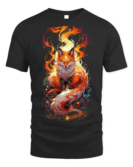 Mystic Fire Fox Spirit Graphic Art T-shirt - black t-shirt on white background