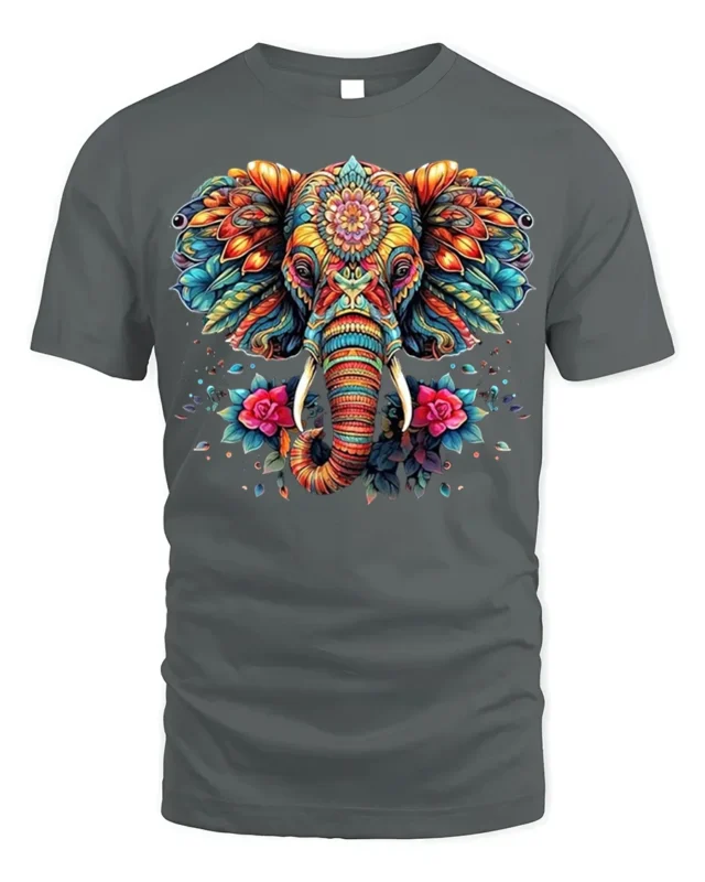 Colorful Elephant Floral Art T-Shirt - gray t-shirt on white background