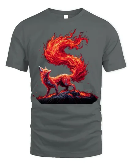 Blazing Fire Fox Spirit Graphic T-Shirt - gray t-shirt on white background