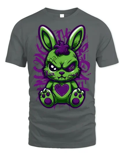 Angry Punk Bunny Heart Patch T-Shirt - gray t-shirt on white background