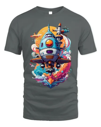 Retro Sci-Fi Spaceship Launch T-Shirt - gray t-shirt on white background