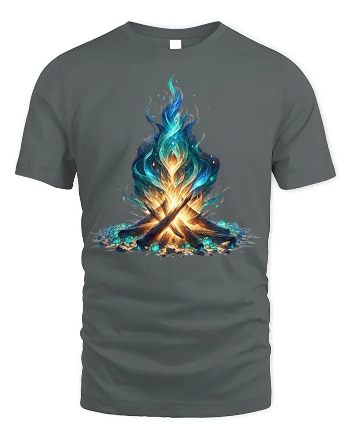 Mystic Blue Flame Campfire Art T-Shirt - gray t-shirt on white background