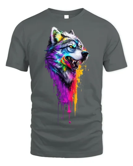 Colorful Dripping Paint Wolf T-Shirt - gray t-shirt on white background