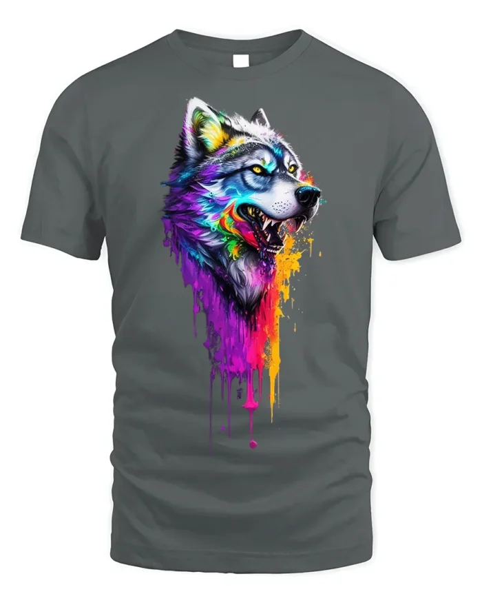 Colorful Dripping Paint Wolf T-Shirt - gray t-shirt on white background