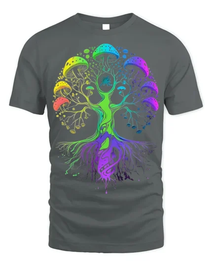Psychedelic Mushroom Tree of Life T-Shirt - gray t-shirt on white background