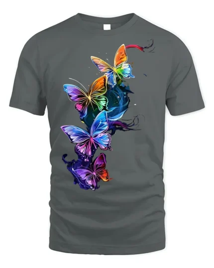 Colorful Neon Butterfly Splash Art T-shirt - gray t-shirt on white background