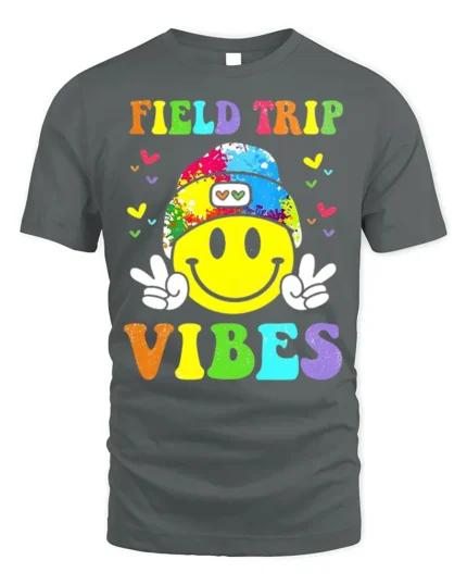 Field Trip Vibes Smiley Face Kids T-shirt - gray t-shirt on white background