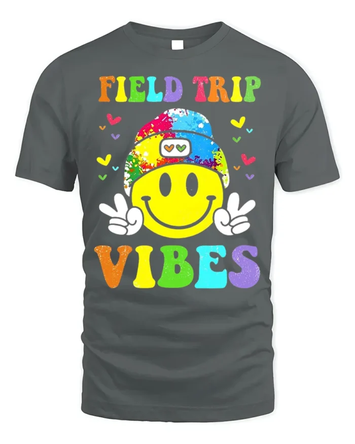 Field Trip Vibes Smiley Face Kids T-shirt - gray t-shirt on white background