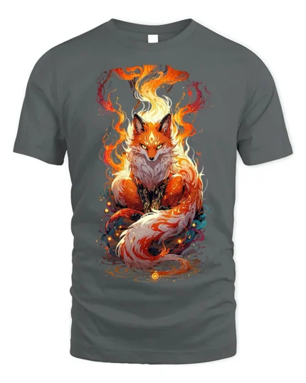 Mystic Fire Fox Spirit Graphic Art T-shirt - gray t-shirt on white background