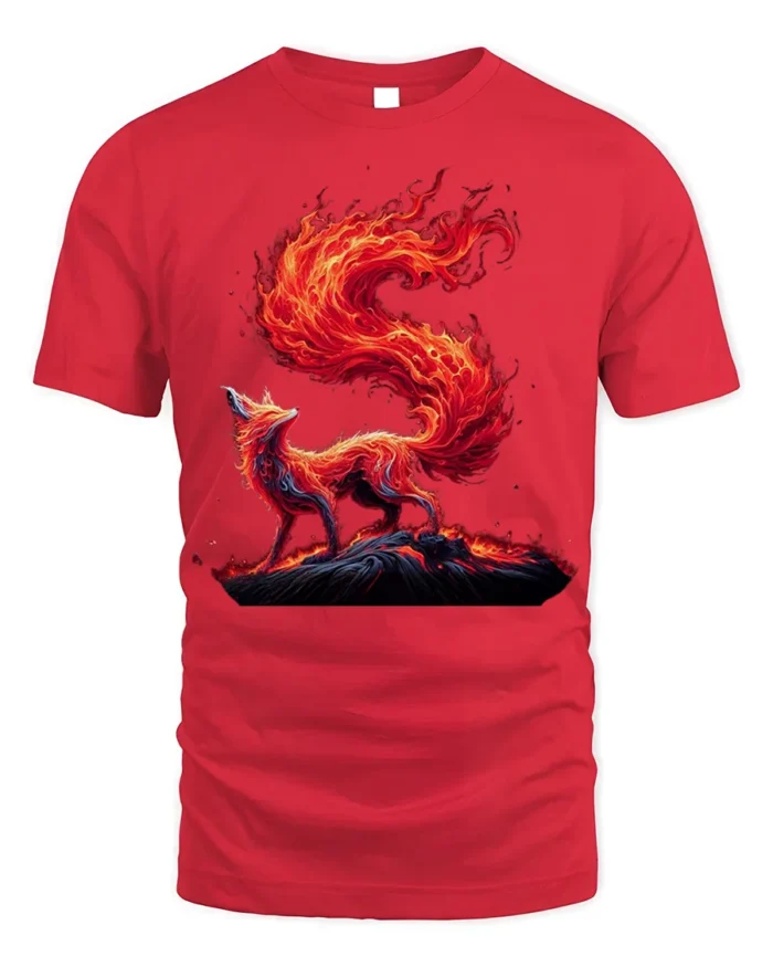 Blazing Fire Fox Spirit Graphic T-Shirt - red t-shirt on white background
