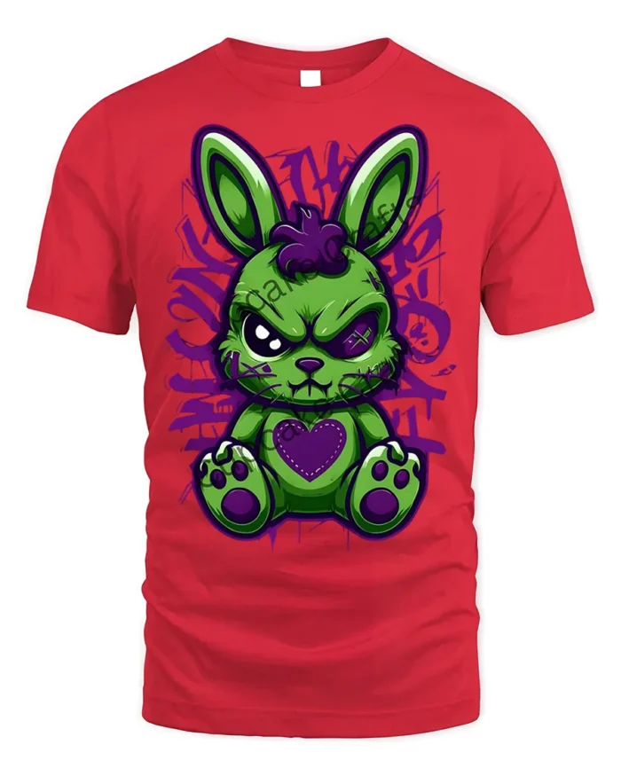 Angry Punk Bunny Heart Patch T-Shirt - red t-shirt on white background