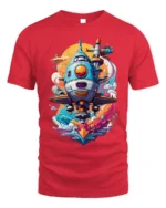 Retro Sci-Fi Spaceship Launch T-Shirt - red t-shirt on white background