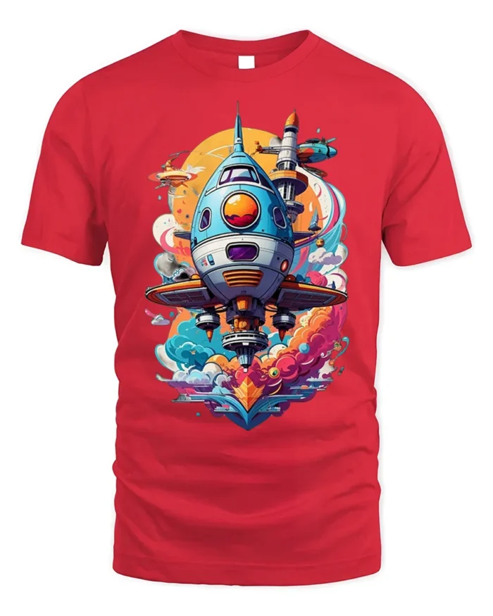 Retro Sci-Fi Spaceship Launch T-Shirt - red t-shirt on white background
