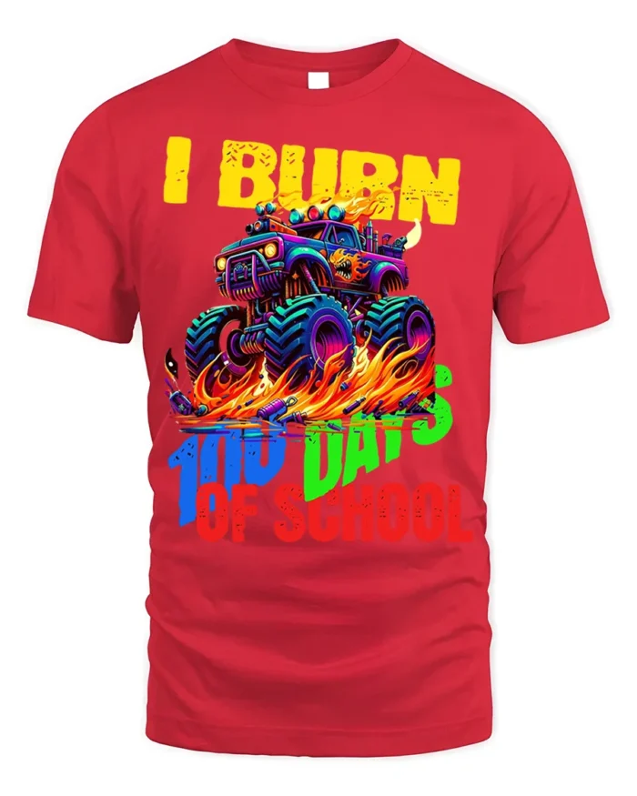 Monster Truck 100 Days of School T-Shirt - red t-shirt on white background