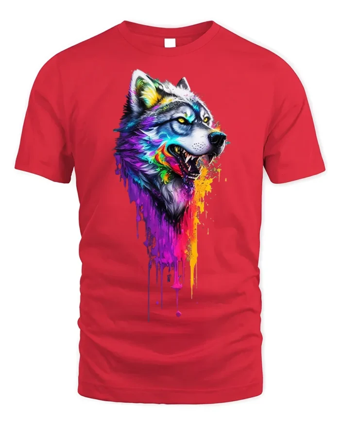 Colorful Dripping Paint Wolf T-Shirt - red t-shirt on white background