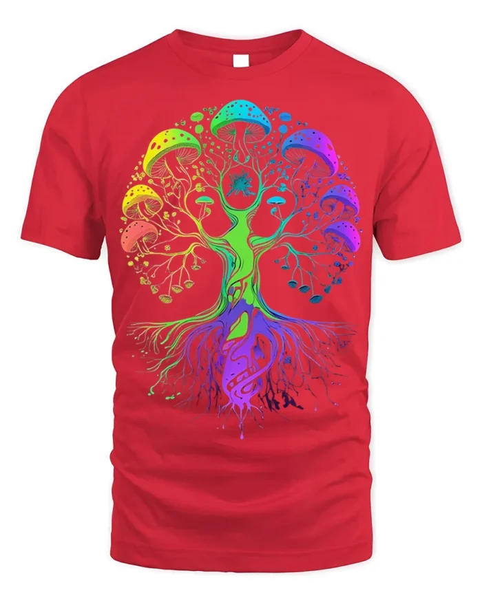 Psychedelic Mushroom Tree of Life T-Shirt - red t-shirt on white background