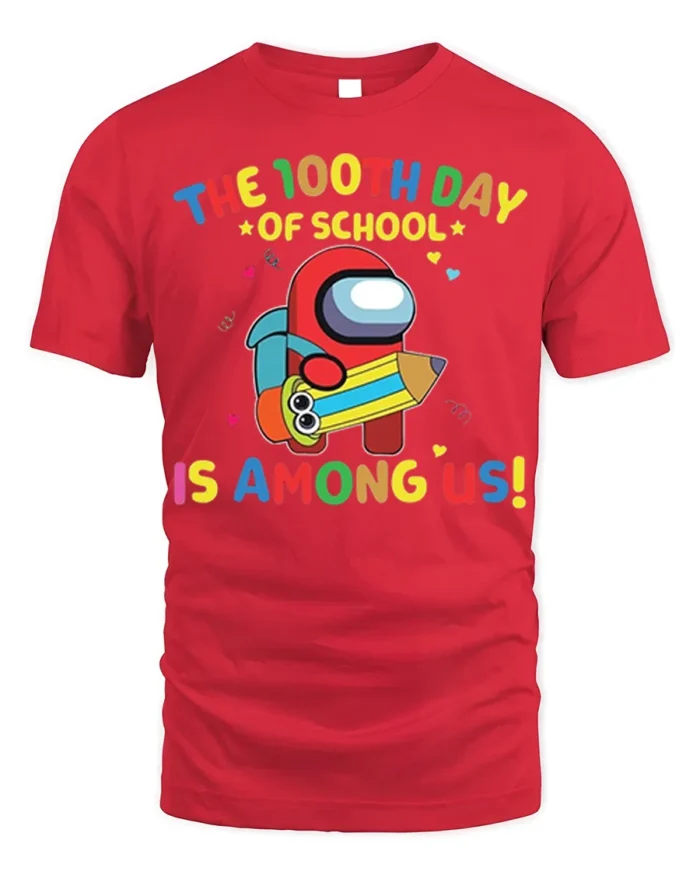 100th Day of School Among Us Style T-shirt - red t-shirt on white background