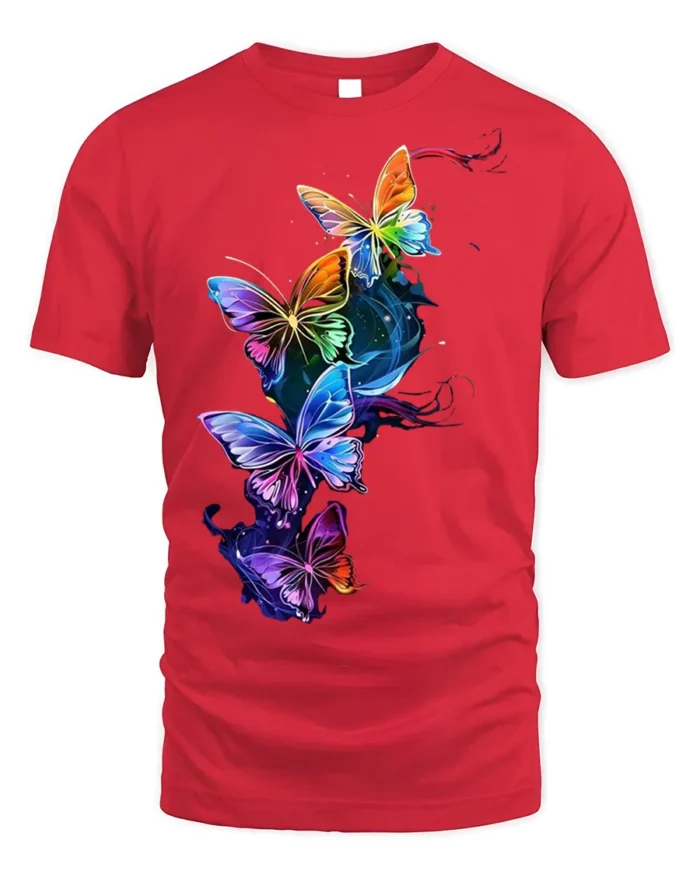 Colorful Neon Butterfly Splash Art T-shirt - red t-shirt on white background