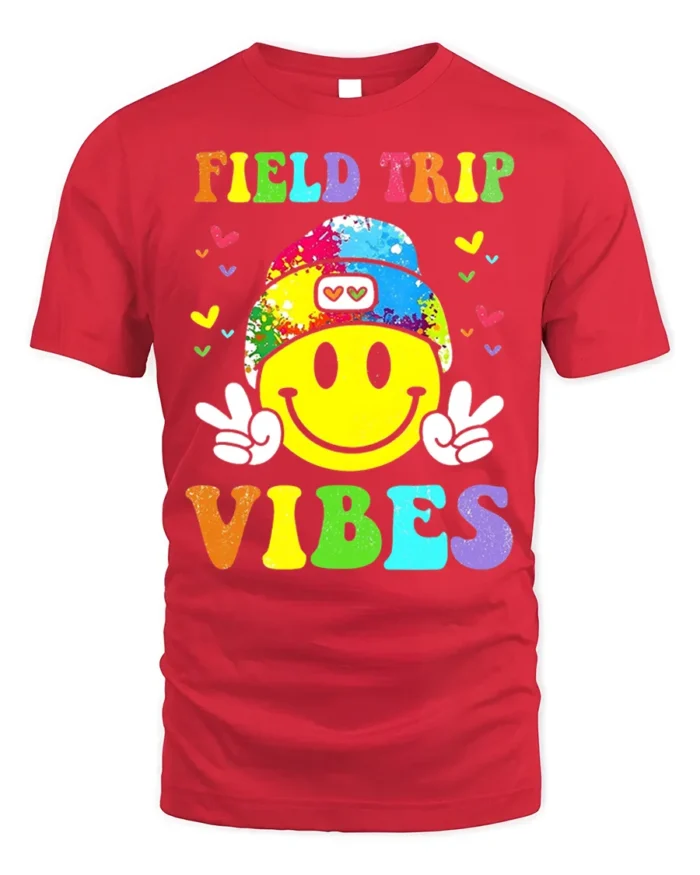 Field Trip Vibes Smiley Face Kids T-shirt - red t-shirt on white background