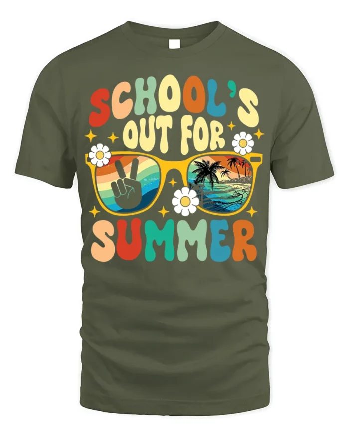 Retro School’s Out for Summer Vibes T-shirt - military green t-shirt on white background