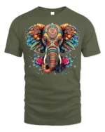 Colorful Elephant Floral Art T-Shirt - military green t-shirt on white background