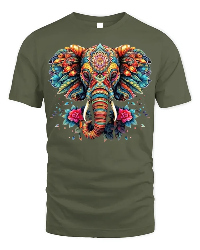 Colorful Elephant Floral Art T-Shirt - military green t-shirt on white background