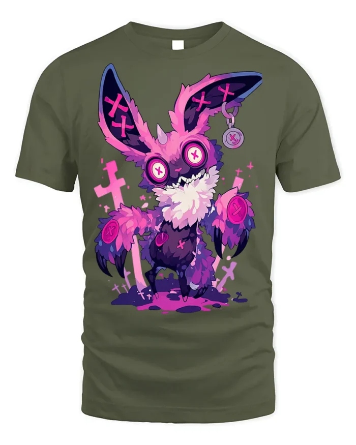 Psychedelic Bunny Horror Vibes T-Shirt - military green t-shirt on white background