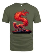 Blazing Fire Fox Spirit Graphic T-Shirt - military green t-shirt on white background