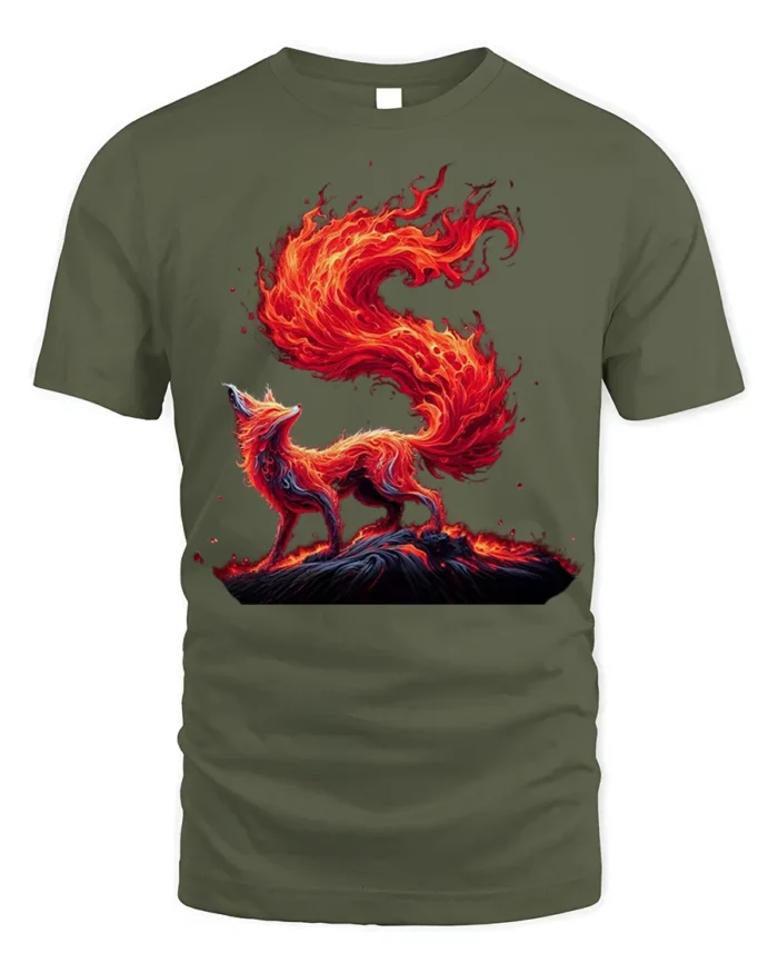 Blazing Fire Fox Spirit Graphic T-Shirt - military green t-shirt on white background