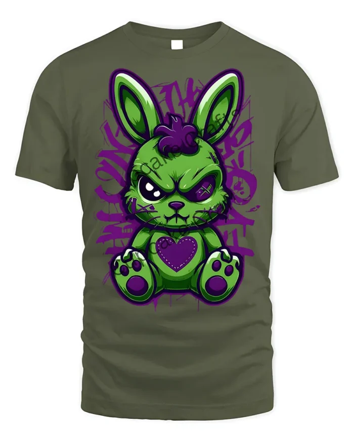 Angry Punk Bunny Heart Patch T-Shirt - military green t-shirt on white background