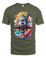 Retro Sci-Fi Spaceship Launch T-Shirt - military green t-shirt on white background