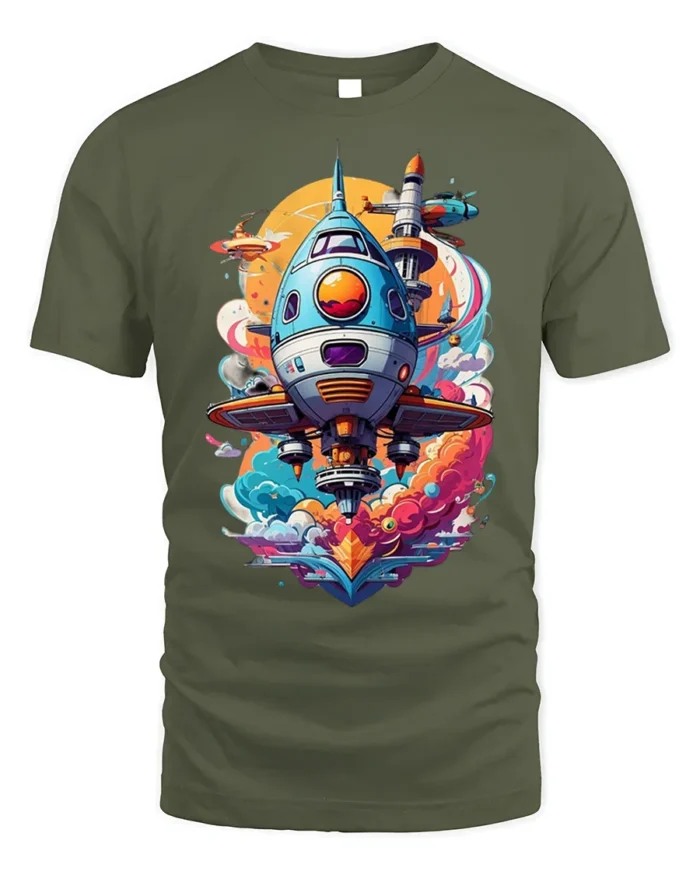 Retro Sci-Fi Spaceship Launch T-Shirt - military green t-shirt on white background